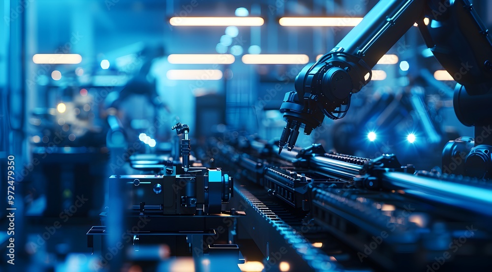 A robotic arm in the foreground is working on an industrial machine, surrounded by people and blue lights. The scene has a futuristic feel with a focus on technology and industry. In front of it, ther A robotic arm in the foreground is working on an industrial machine, surrounded by people and blue lights. The scene has a futuristic feel with a focus on technology and industry. In front of it, ther