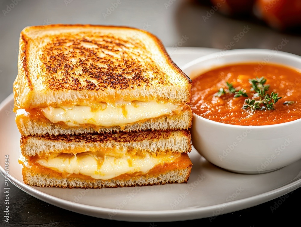 Delicious grilled cheese sandwich served with a bowl of tomato soup.