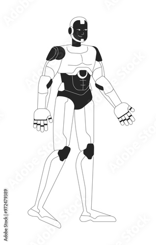 Robot android walking black and white 2D line character. Futuristic robotics humanoid isolated vector outline personage. Science fiction high tech technology. Futurism. Monochromatic spot illustration