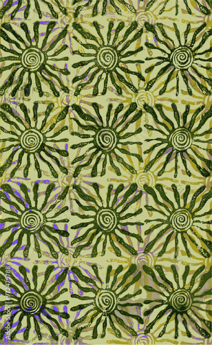 Abstract art background with a pattern of stylized flowers in shades of green and yellow on a light background.