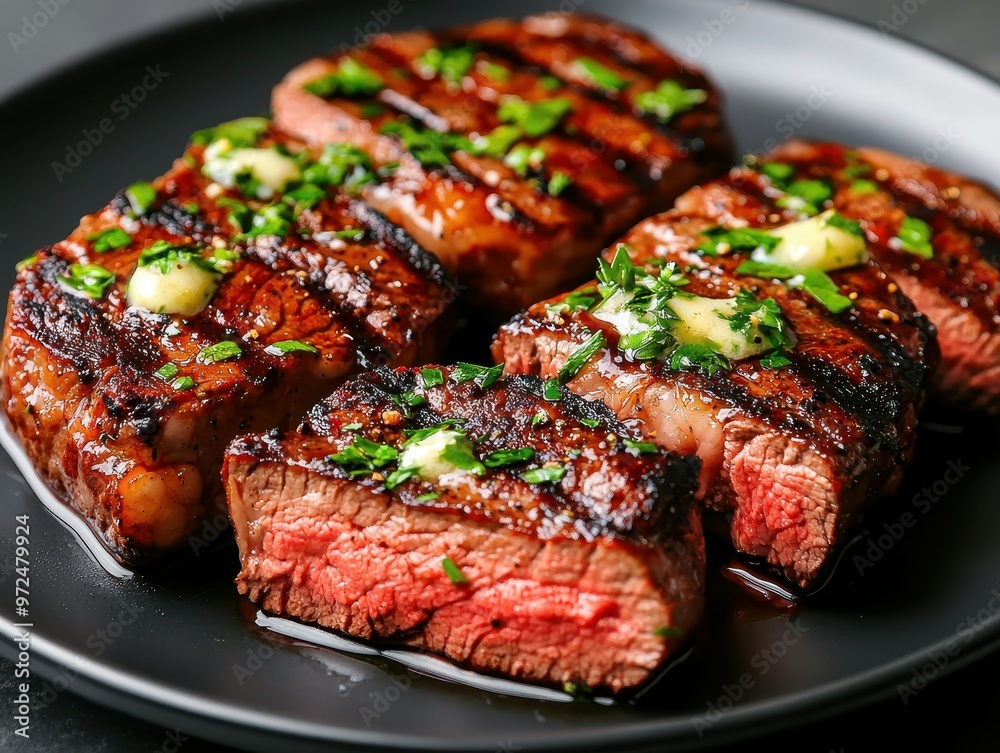 Grilled steaks garnished with herb butter on a black plate. Grilled steaks garnished with herb butter on a black plate.