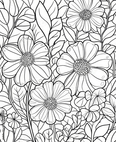 Wallpaper Mural A black-and-white coloring page featuring a detailed floral design with large flowers and leaves, ideal for adult coloring or art relaxation. Torontodigital.ca
