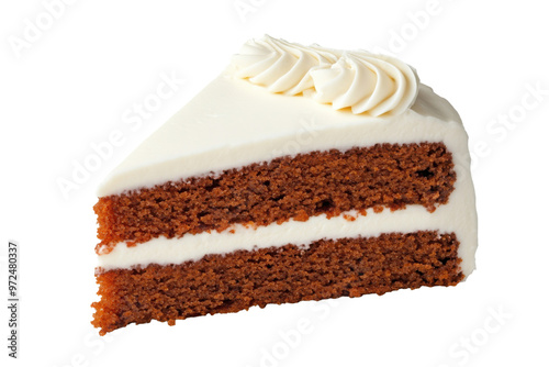 Delicious chocolate cake slice with creamy frosting on top, perfect for dessert lovers and special occasions.