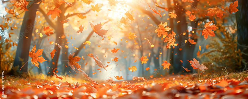 Obraz premium Panoramic background with falling autumnal leaves. Autumn and thanksgiving concept.