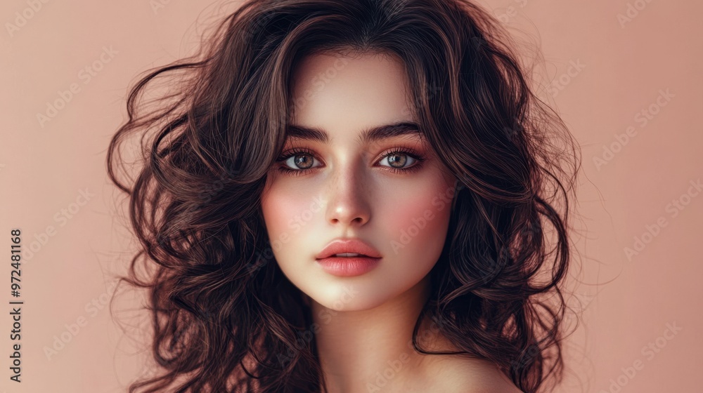 Naklejka premium A beautiful Persian woman with dark brown hair styled in soft curls, her soft pink blush