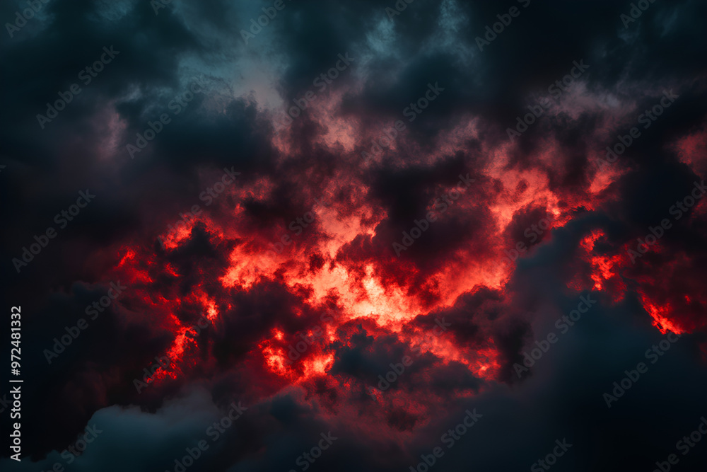 Dramatic clouds illuminated by fiery colors create a striking atmospheric scene. Dramatic clouds illuminated by fiery colors create a striking atmospheric scene.
