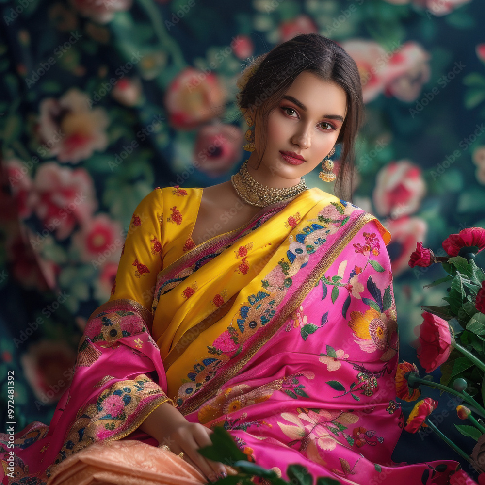young indian woman standing on flower background young indian woman standing on flower background