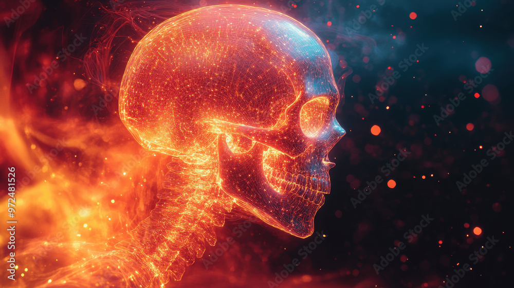 A glowing skull illuminated by vibrant colors against a dark background with swirling lights, showcasing a unique artistic representation A glowing skull illuminated by vibrant colors against a dark background with swirling lights, showcasing a unique artistic representation
