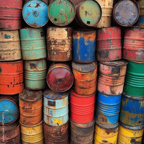 vintage and rusty oil drums, colorful objects