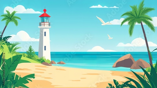 Tropical Beach with Lighthouse and Palm Trees