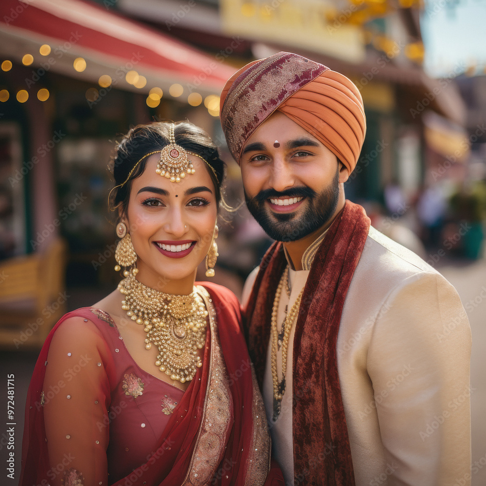 young indian couple standing at market place young indian couple standing at market place