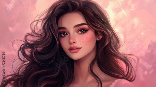 A beautiful Persian woman with dark brown hair cascading in waves, her soft pink blush