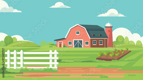 farm yard background cartoon vector ilustration flat design rural landscape