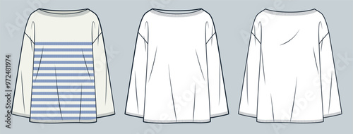 Boat Neck Sweater technical fashion illustration, striped design. Knit Jumper fashion technical drawing template, wide sleeve, oversize, front and back view, white, women, men, unisex CAD mockup set.