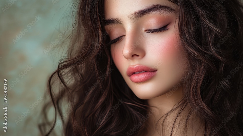 A beautiful Persian woman with dark brown hair cascading in waves, her soft pink blush A beautiful Persian woman with dark brown hair cascading in waves, her soft pink blush