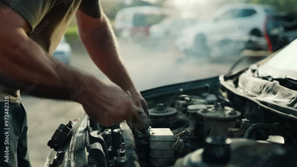 Man opens bumper and fixes car. Auto repair service salon. Mechanic guy fix automobile close up. Technician checking vehicle. Transport Man opens bumper and fixes car. Auto repair service salon. Mechanic guy fix automobile close up. Technician checking vehicle. Transport