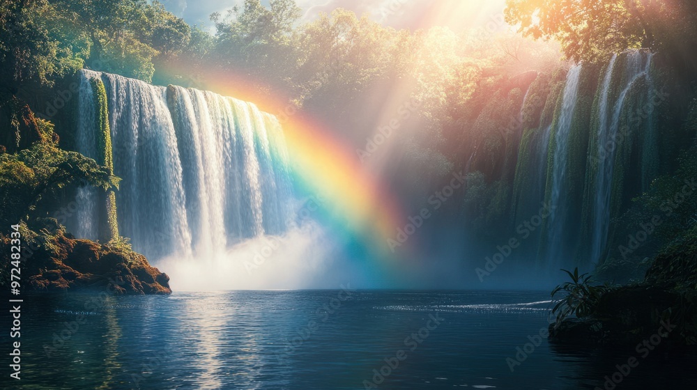 A full rainbow arching over a tranquil waterfall, with mist rising from the falls and sunlight breaking through the clouds A full rainbow arching over a tranquil waterfall, with mist rising from the falls and sunlight breaking through the clouds