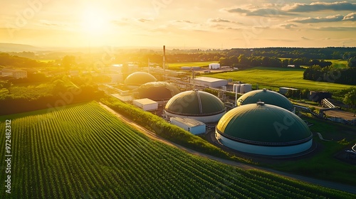Wide-angle view of a biogas plant with clear details of dome-shaped tanks, compressors, and mechanical piping, framed by a bright sky and green fields