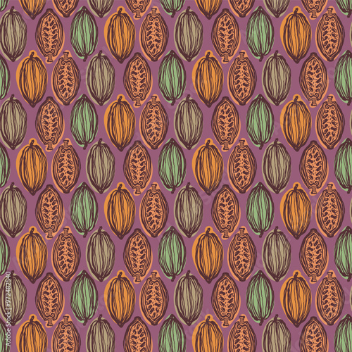 Cocoa vector seamless pattern. Chocolate cocoa beans background. Vector hand drawn illustration. Modern style illustration