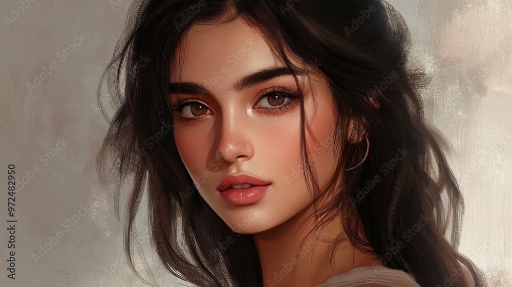 A beautiful Persian woman with dark brown hair and soft pink blush, her gaze warm and A beautiful Persian woman with dark brown hair and soft pink blush, her gaze warm and