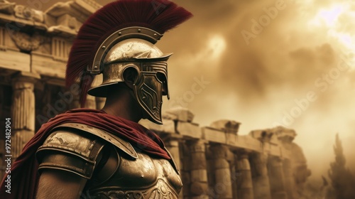 A roman soldier adorned with a striking red cape and a distinctive helmet photo