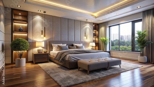 A modern haven bathed in soft, energy-efficient LED light, the bedroom exudes warmth and serenity.