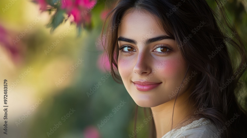 A beautiful Persian woman with dark brown hair and a soft pink blush, her smile gentle A beautiful Persian woman with dark brown hair and a soft pink blush, her smile gentle