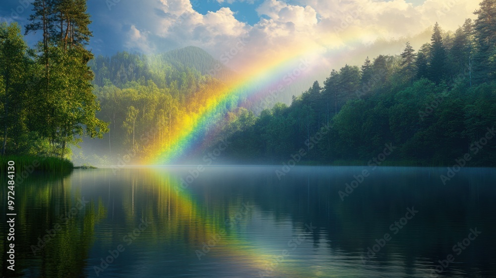 A rainbow forming above a calm lake in a dense forest, with the colors reflecting in the water and creating a serene atmosphere - A rainbow forming above a calm lake in a dense forest, with the colors reflecting in the water and creating a serene atmosphere -