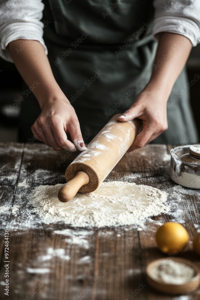Woman's Hands Kneading Dough on a Wooden Kitchen Table Generative AI Woman's Hands Kneading Dough on a Wooden Kitchen Table Generative AI