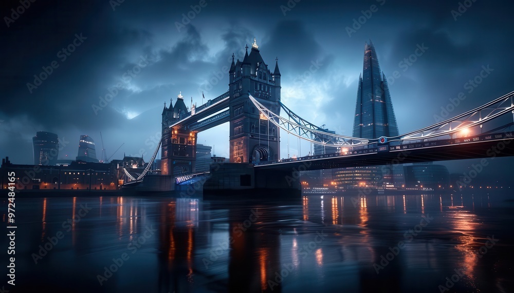 Obraz premium Tower bridge with dramatic lighting, grand and iconic, Urban, Cool tones, Photograph, Architectural marvel