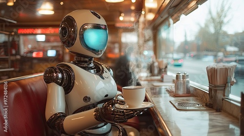 A robot waitress serving a steaming cup of coffee to a patron in a retro-futuristic diner, showcasing the blend of technology and classic service.