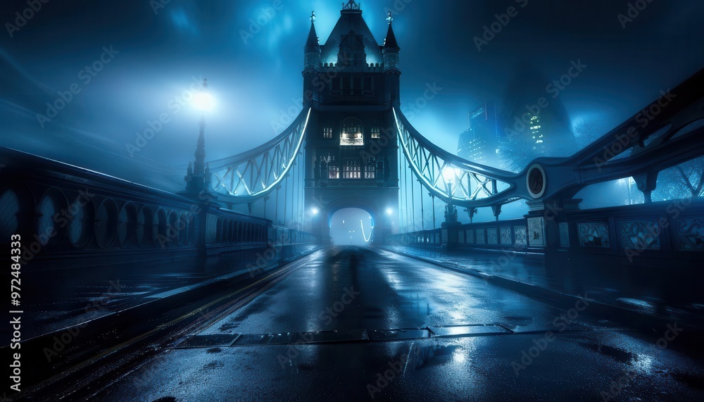 Obraz premium Tower bridge with dramatic lighting, grand and iconic, Urban, Cool tones, Photograph, Architectural marvel
