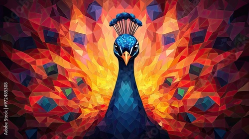 27. A colorful geometric portrait of a peacock, with the feathers created from a series of radiating triangles, each feather a different hue, creating a vibrant and dynamic image photo