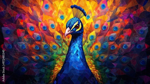 27. A colorful geometric portrait of a peacock, with the feathers created from a series of radiating triangles, each feather a different hue, creating a vibrant and dynamic image photo