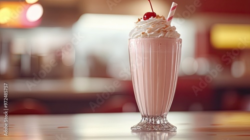 A close-up of a milkshake in a tall glass with whipped cream and a cherry on top, served on a Formica countertop in a retro-futuristic diner.