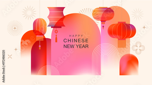 Chinese new year 2025 year of the Snake. Colorful gradient design with abstract forms, geometric shapes and lanterns illustration. Red traditional Chinese vector design. Lunar new year concept