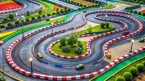 A winding asphalt circuit with colorful barriers, curbs, and track markings stretches around obstacles and jumps, photo