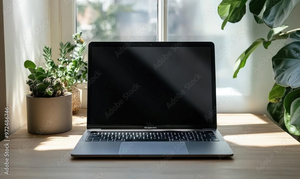 Laptop on wooden desk with potted plants in a sunlit room. Laptop on wooden desk with potted plants in a sunlit room.
