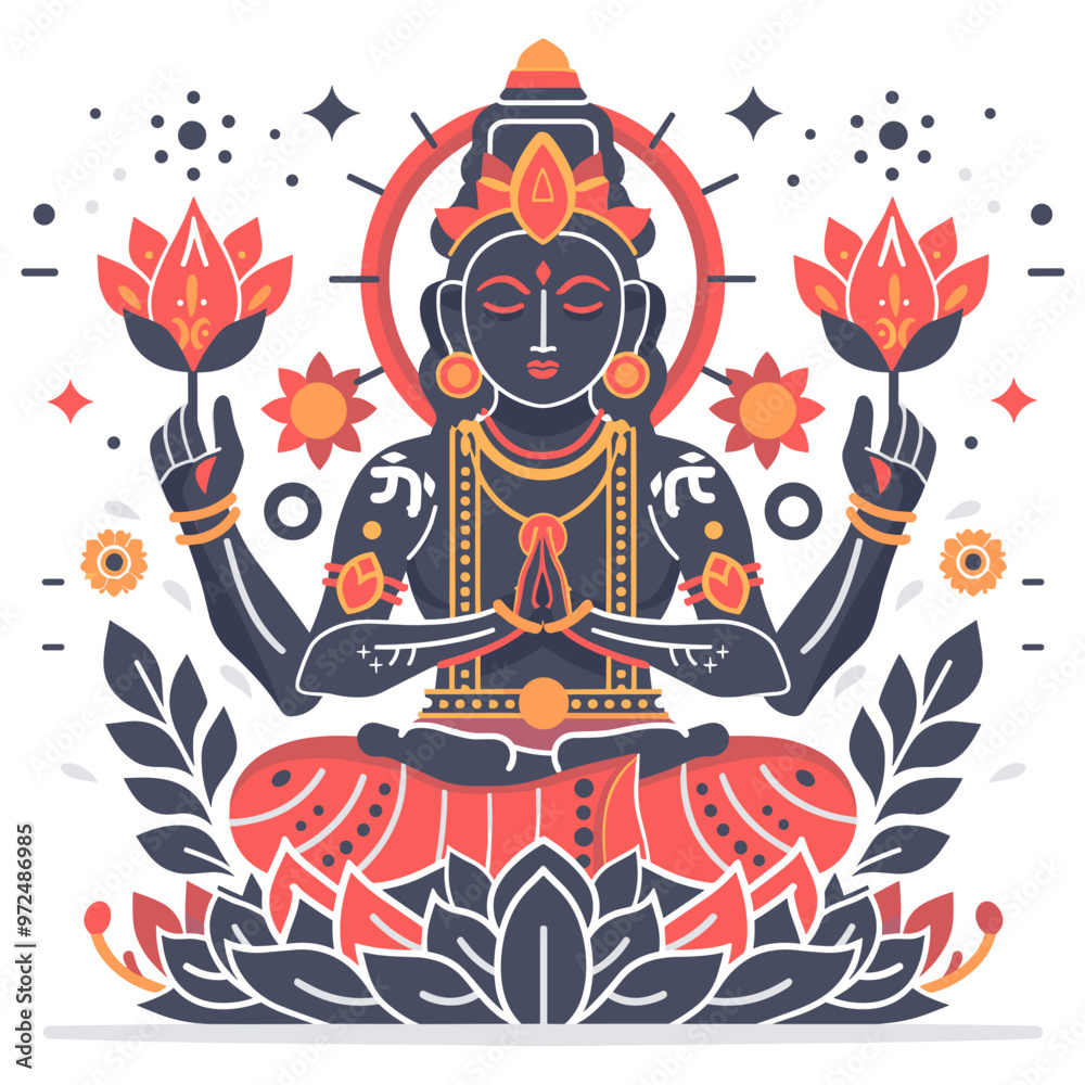 A woman sitting on a lotus flower. She is holding a flower in her right hand and a flower in her left hand. The image has a peaceful and serene mood, with the woman's pose A woman sitting on a lotus flower. She is holding a flower in her right hand and a flower in her left hand. The image has a peaceful and serene mood, with the woman's pose