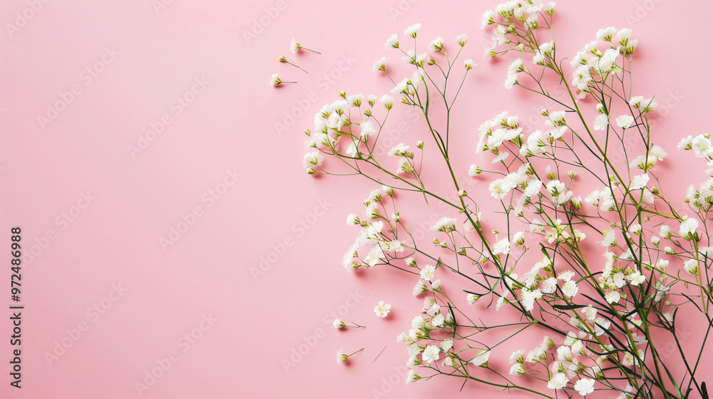 A charming arrangement of delicate white flowers scattered across a soft pink background, highlighting the beauty of simplicity and elegance, ideal for greeting cards and floral designs. A charming arrangement of delicate white flowers scattered across a soft pink background, highlighting the beauty of simplicity and elegance, ideal for greeting cards and floral designs.