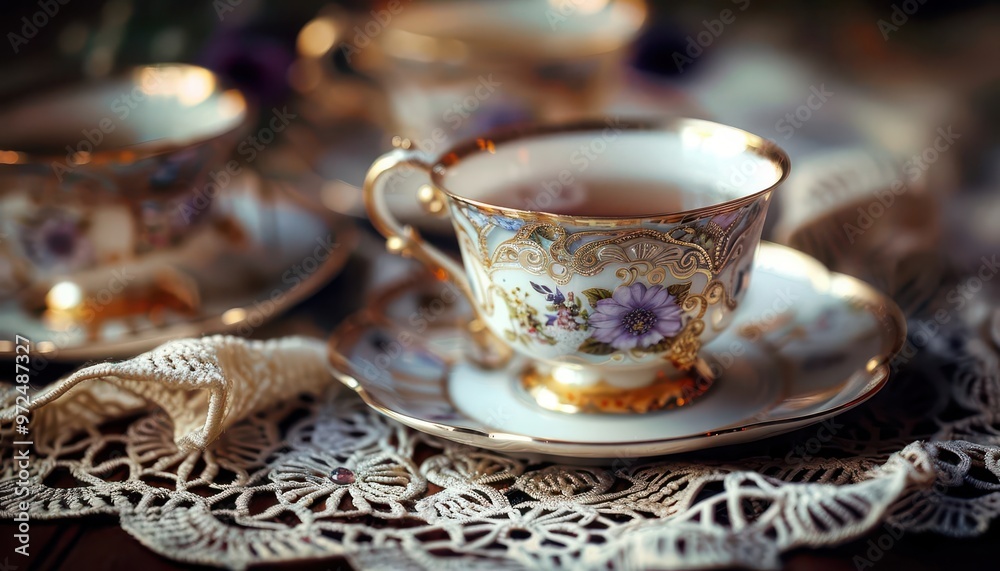 Fototapeta premium Vintage teacups on a lace tablecloth, elegant and nostalgic, Vintage, Soft hues, Photograph, Afternoon tea