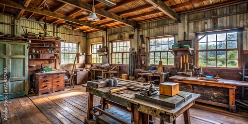 A worn-out wooden workshop in an Australian school, showcasing outdated machinery and tools amidst scattered safety