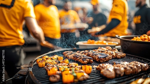 Delicious Tailgating Experience: Grilling Meats and Veggies Amidst Cheerful Fans and Fun Atmosphere. Football Concept photo