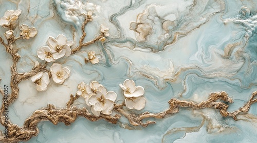 Elegant floral design with textured blue background.