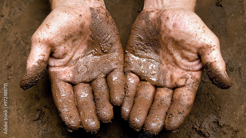 Close-Up of Hands Covered in Wet Mud Highlighting Nature, Labor, and Earthy Textures photo