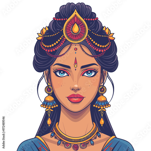 Indian woman face with indian ornaments. Vector illustration.