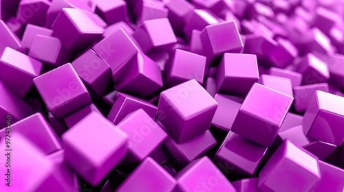 Close-up of shiny purple cubes scattered randomly.