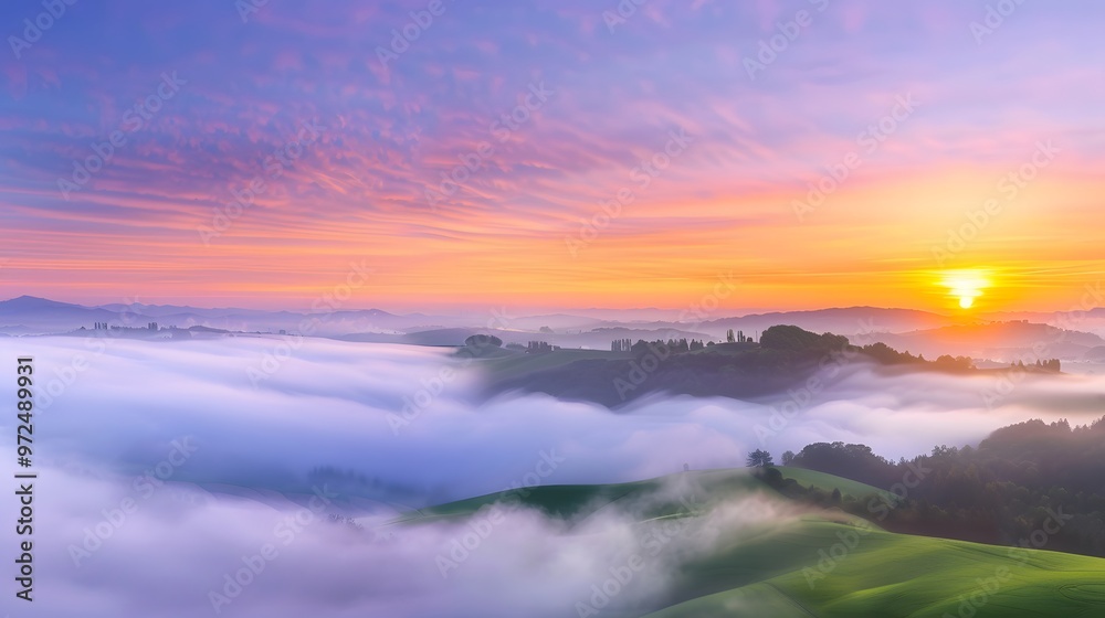 Sunrise breaking through morning fog over rolling hills, foggy weather, peaceful dawn Sunrise breaking through morning fog over rolling hills, foggy weather, peaceful dawn