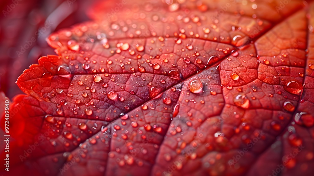 Fototapeta premium close-up of vibrant red autumn leaf with delicate veins and water droplets