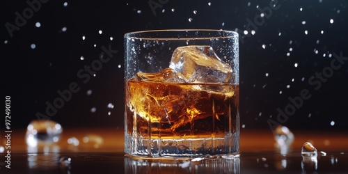 Whiskey on the Rocks with Ice on a Wooden Table Generative AI